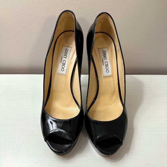 Jimmy Choo Shoes - Jimmy Choo Black Patent Peep Toe Heels size 39